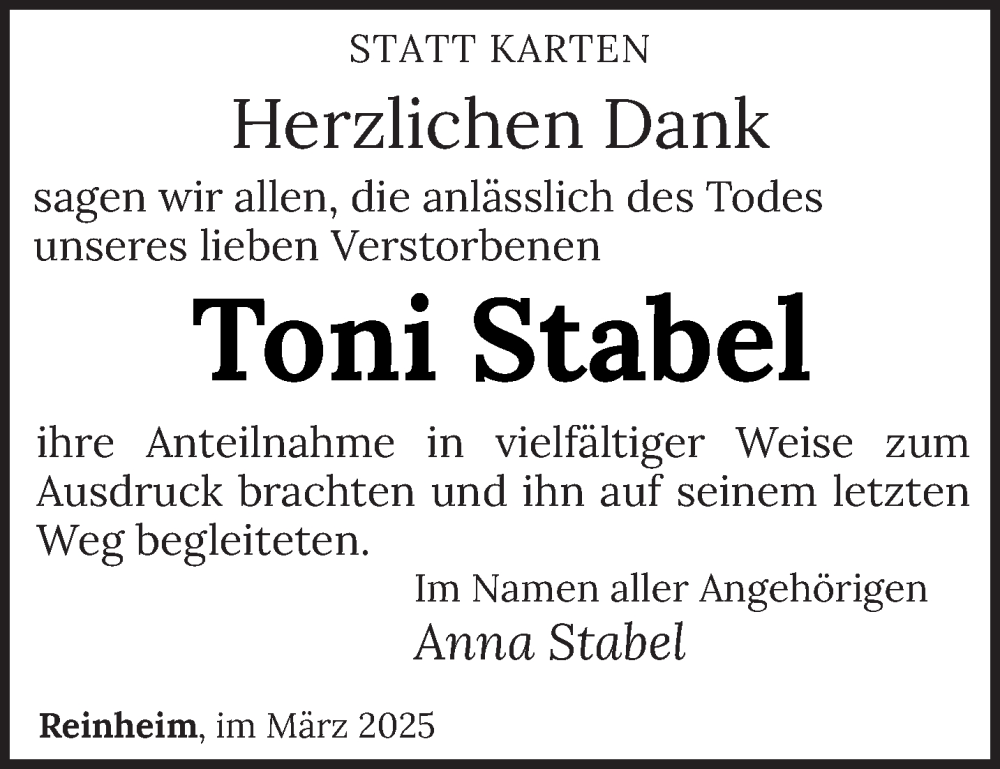  Traueranzeige für Toni Stabel vom 18.03.2025 aus saarbruecker_zeitung
