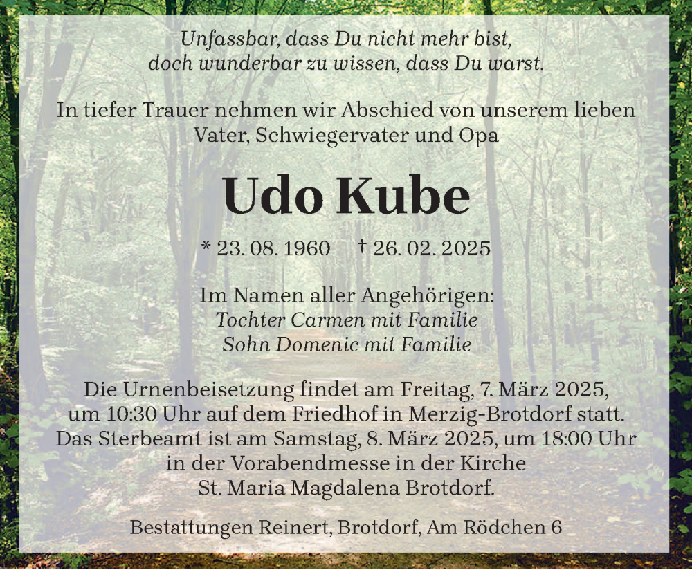  Traueranzeige für Udo Kube vom 04.03.2025 aus saarbruecker_zeitung