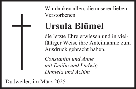 Traueranzeige von Ursula Blümel von saarbruecker_zeitung