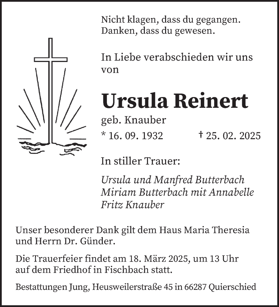  Traueranzeige für Ursula Reinert vom 08.03.2025 aus saarbruecker_zeitung