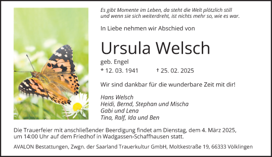 Traueranzeige von Ursula Welsch von saarbruecker_zeitung