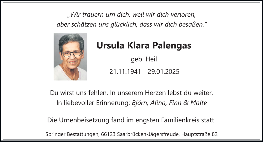  Traueranzeige für Ursula Klara Palengas vom 01.03.2025 aus saarbruecker_zeitung