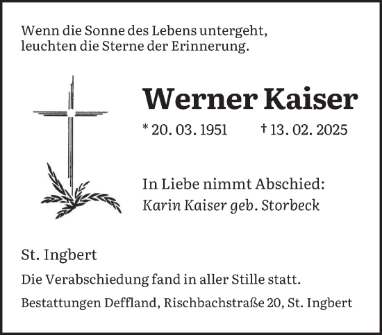 Traueranzeige von Werner Kaiser von saarbruecker_zeitung