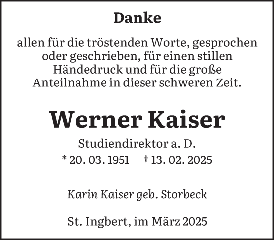Traueranzeige von Werner Kaiser von saarbruecker_zeitung