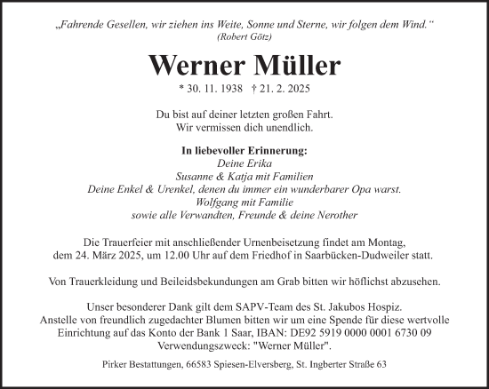 Traueranzeige von Werner Müller von saarbruecker_zeitung