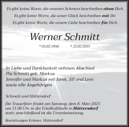 Traueranzeige von Werner Schmitt von saarbruecker_zeitung