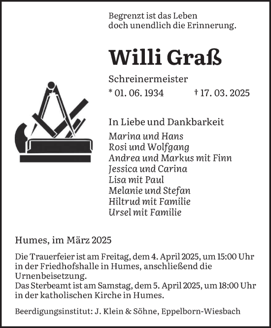 Traueranzeige von Willi Graß von saarbruecker_zeitung