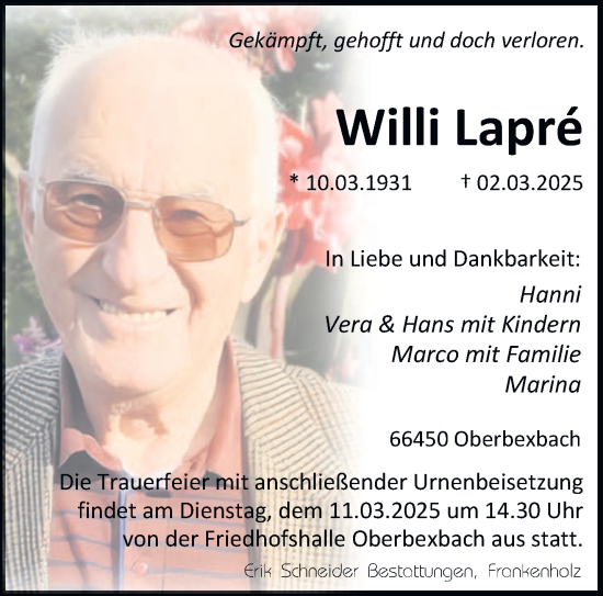 Traueranzeige von Willi Lapré von saarbruecker_zeitung