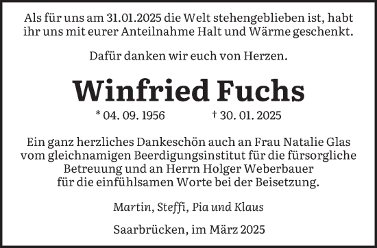 Traueranzeige von Winfried Fuchs von saarbruecker_zeitung