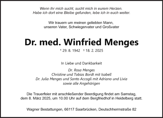 Traueranzeige von Winfried Menges von saarbruecker_zeitung