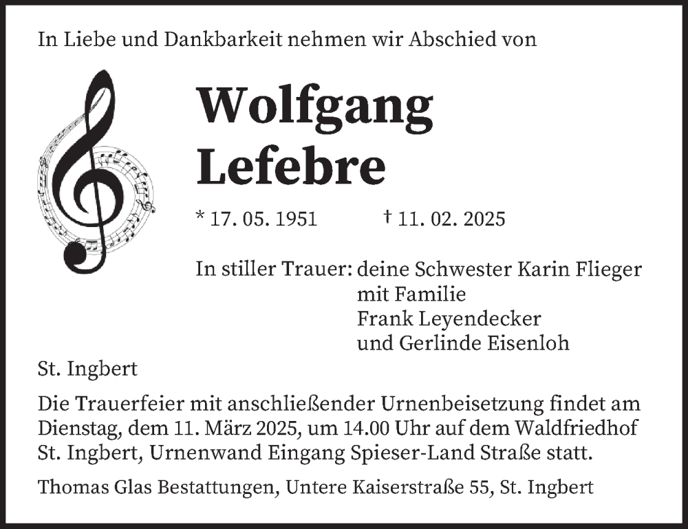  Traueranzeige für Wolfgang Lefebre vom 08.03.2025 aus saarbruecker_zeitung