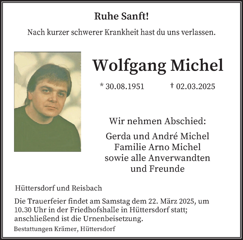  Traueranzeige für Wolfgang Michel vom 15.03.2025 aus saarbruecker_zeitung