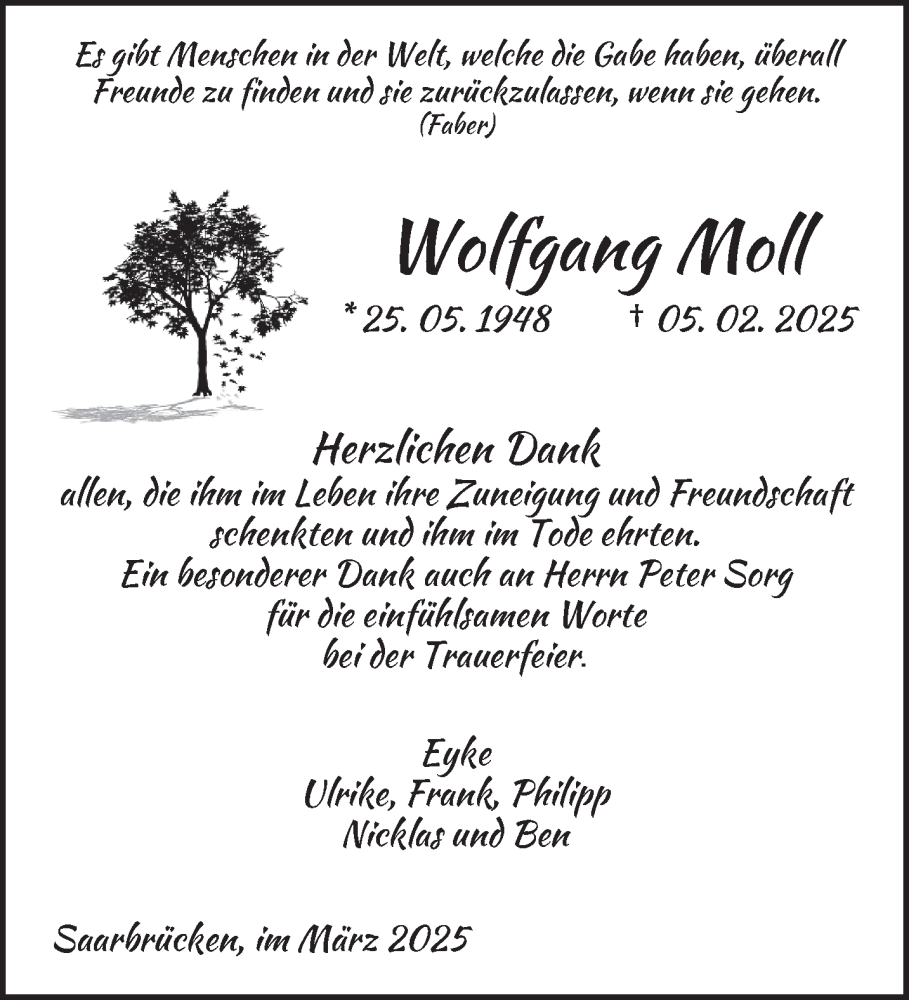  Traueranzeige für Wolfgang Moll vom 15.03.2025 aus saarbruecker_zeitung
