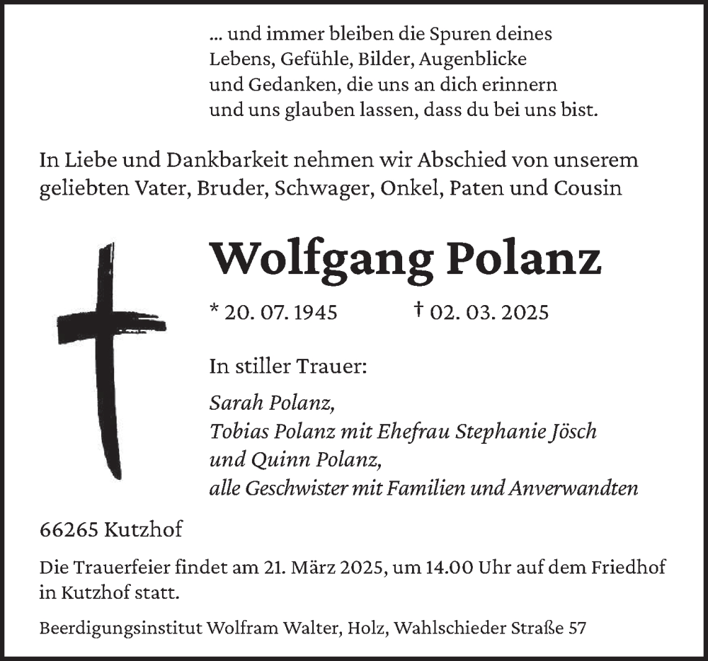  Traueranzeige für Wolfgang Polanz vom 15.03.2025 aus saarbruecker_zeitung