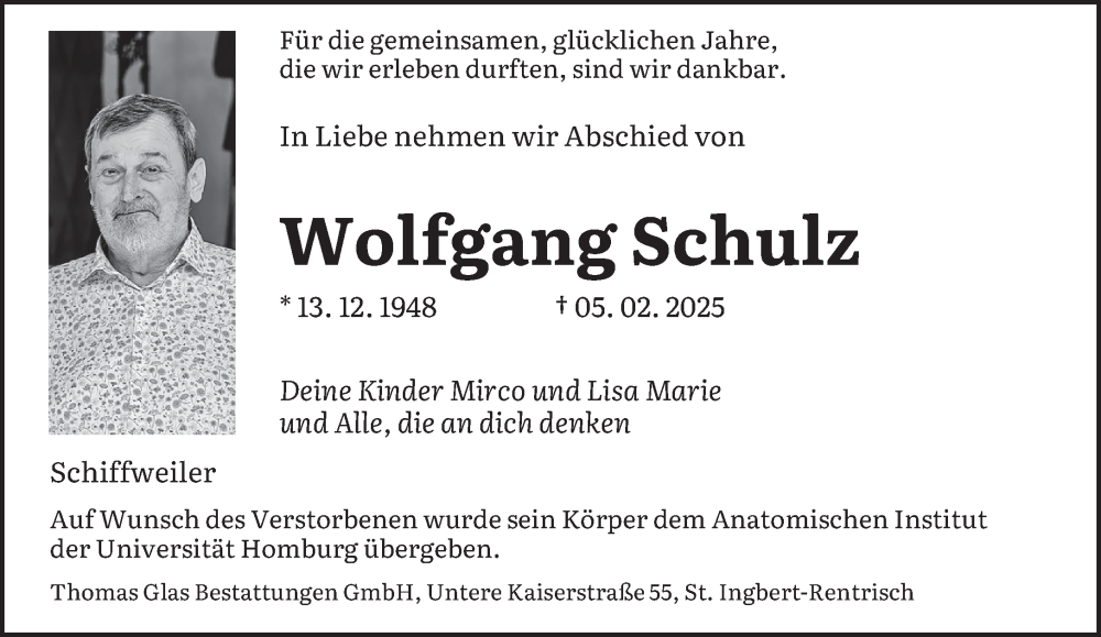  Traueranzeige für Wolfgang Schulz vom 15.03.2025 aus saarbruecker_zeitung