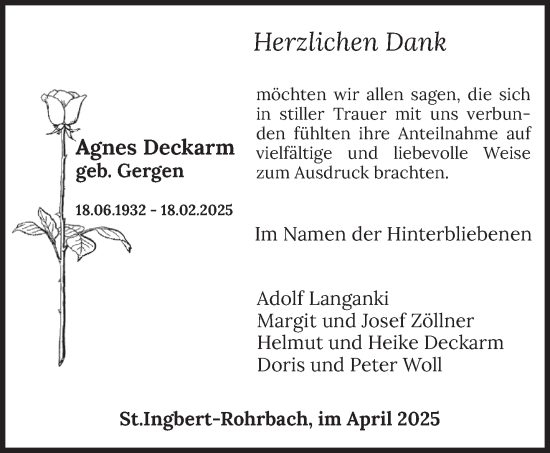 Traueranzeige von Agnes Deckarm von saarbruecker_zeitung
