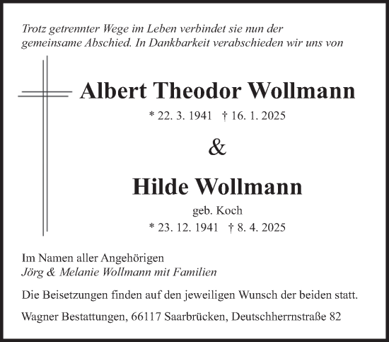 Traueranzeige von Albert und Hilde Wollmann von saarbruecker_zeitung