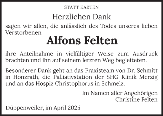 Traueranzeige von Alfons Felten von saarbruecker_zeitung