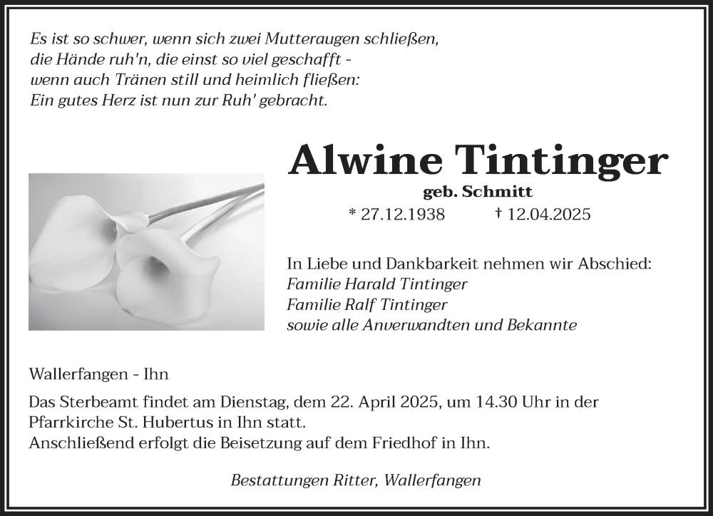  Traueranzeige für Alwine Tintinger vom 19.04.2025 aus saarbruecker_zeitung