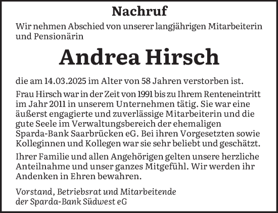 Traueranzeige von Andrea Hirsch von saarbruecker_zeitung