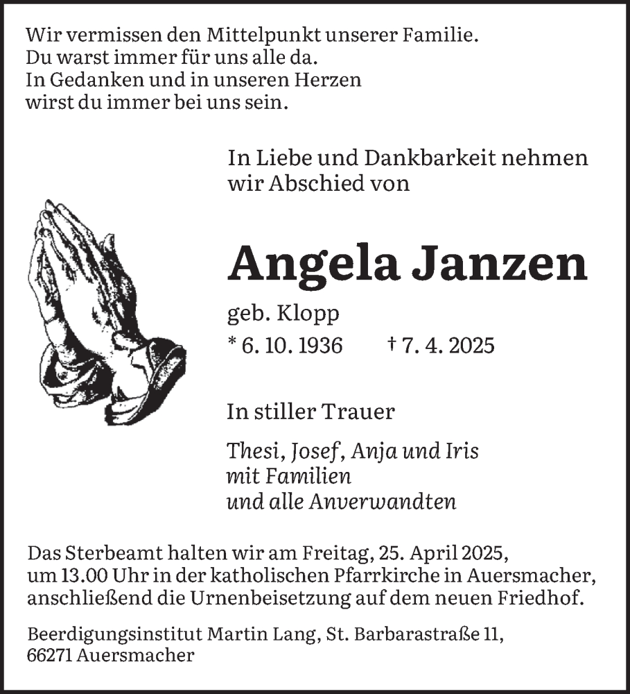  Traueranzeige für Angela Janzen vom 19.04.2025 aus saarbruecker_zeitung