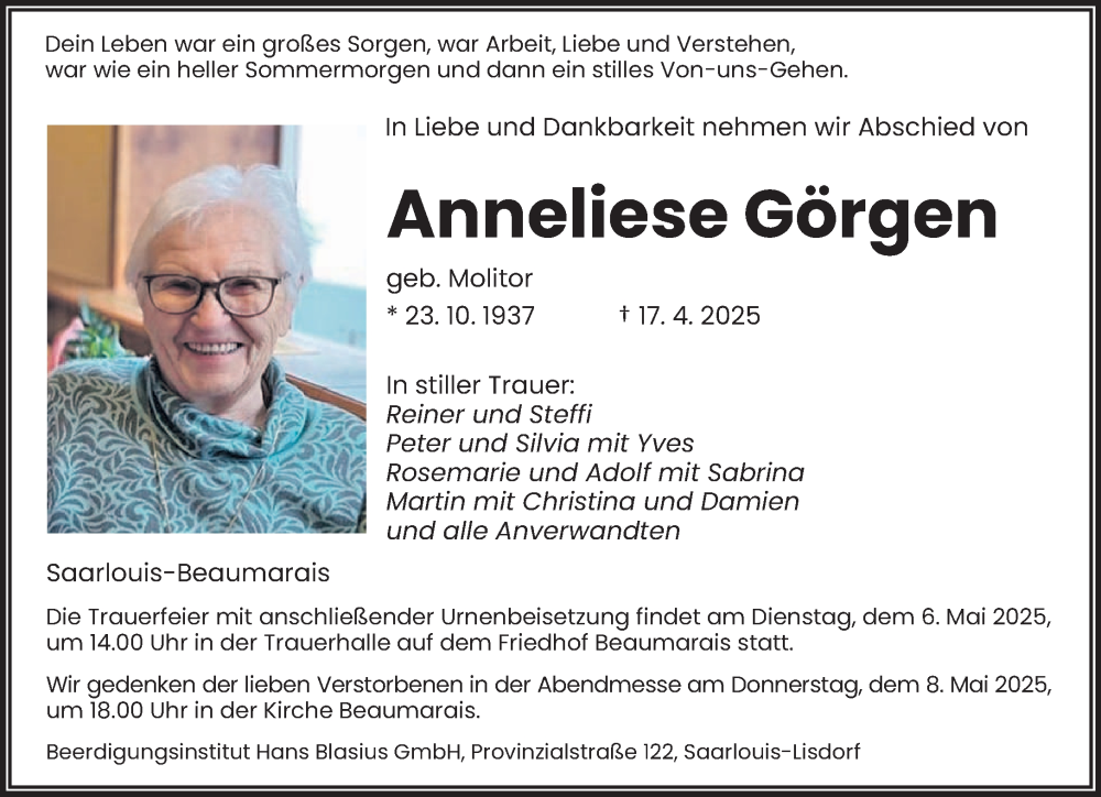  Traueranzeige für Anneliese Görgen vom 26.04.2025 aus saarbruecker_zeitung