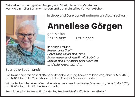Traueranzeige von Anneliese Görgen von saarbruecker_zeitung