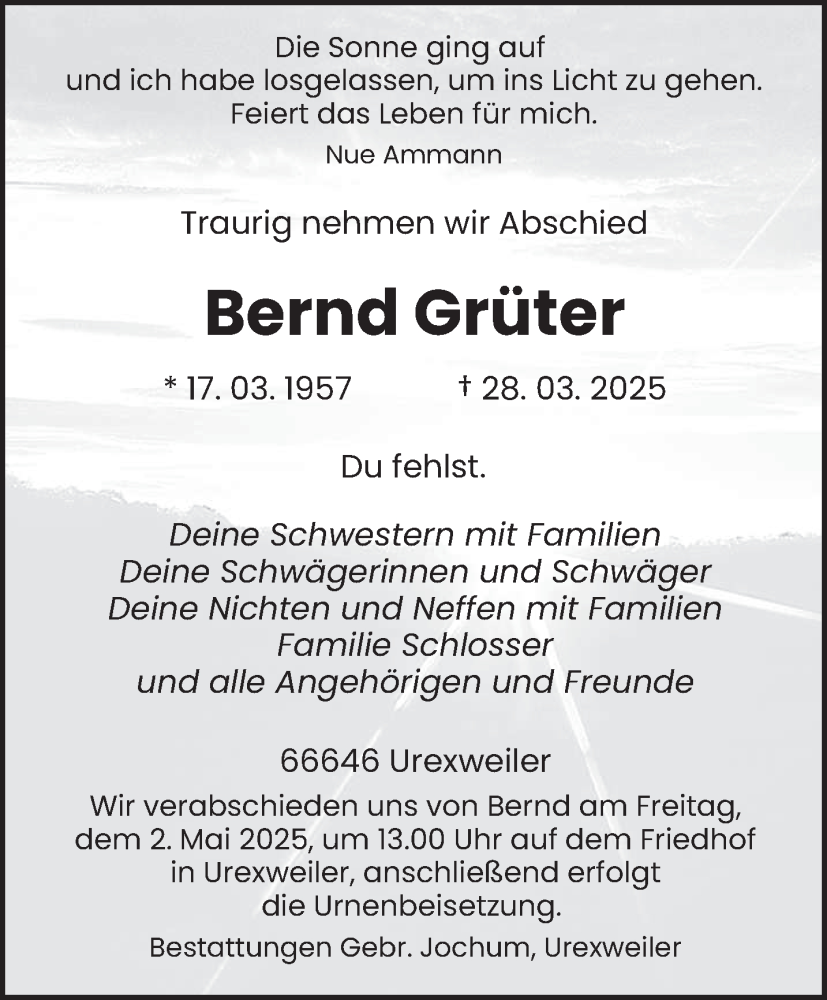  Traueranzeige für Bernd Grüter vom 26.04.2025 aus saarbruecker_zeitung