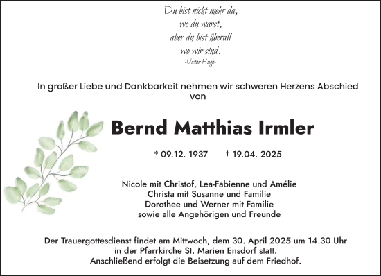 Traueranzeige von Bernd  Irmler von saarbruecker_zeitung
