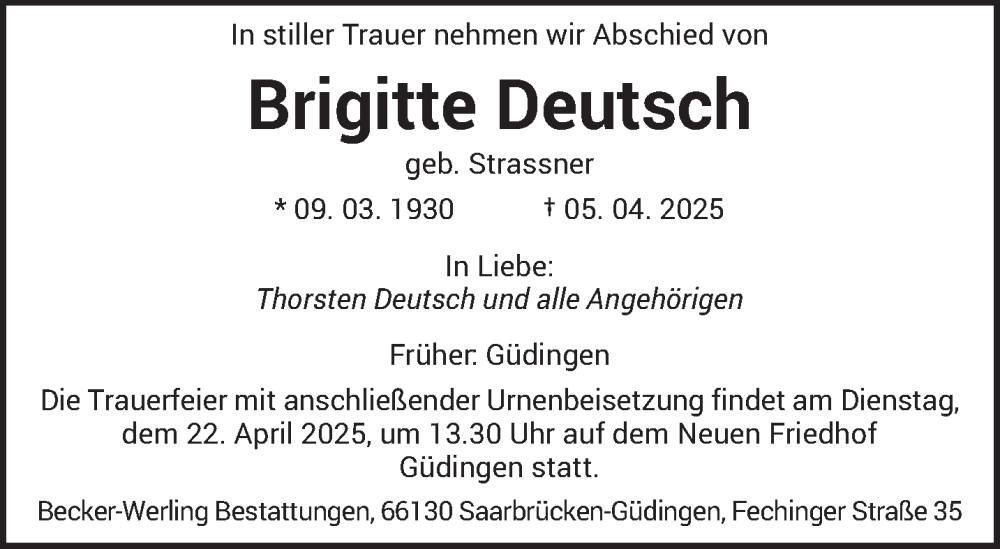  Traueranzeige für Brigitte Deutsch vom 19.04.2025 aus saarbruecker_zeitung