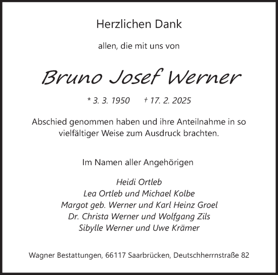 Traueranzeige von Bruno Werner von saarbruecker_zeitung