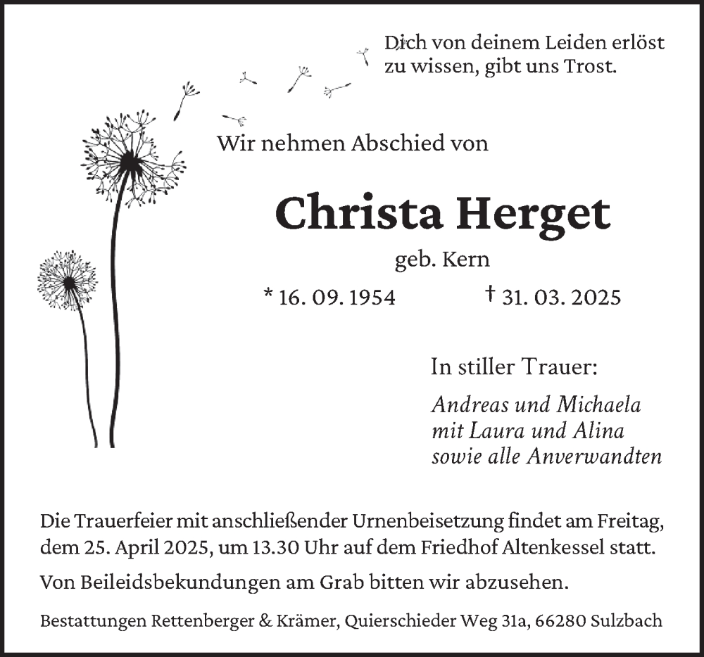  Traueranzeige für Christa Herget vom 19.04.2025 aus saarbruecker_zeitung