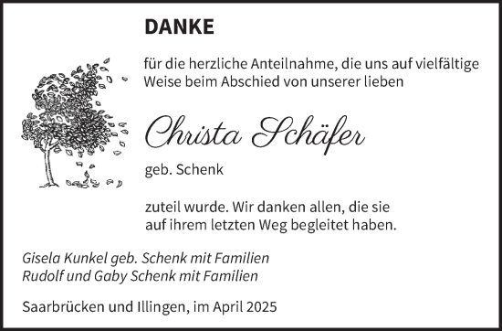 Traueranzeige von Christa Schäfer von saarbruecker_zeitung