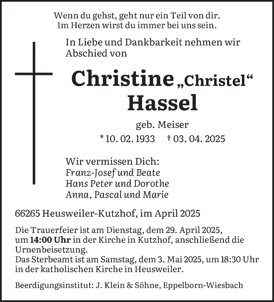  Traueranzeige für Christine Hassel vom 19.04.2025 aus saarbruecker_zeitung