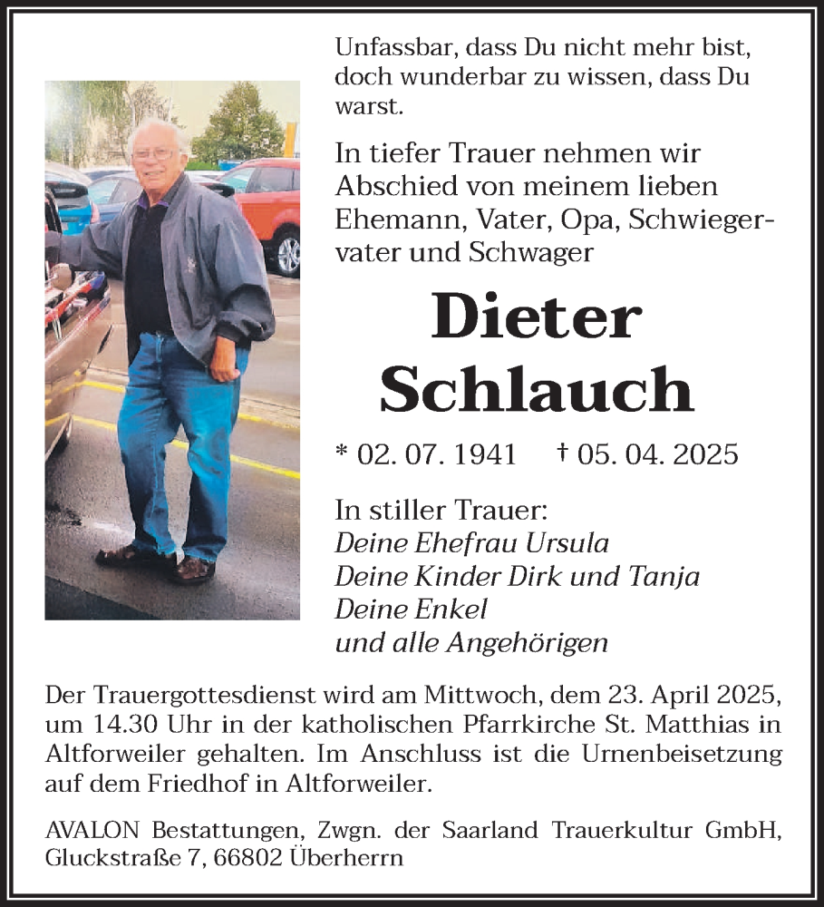  Traueranzeige für Dieter Schlauch vom 19.04.2025 aus saarbruecker_zeitung