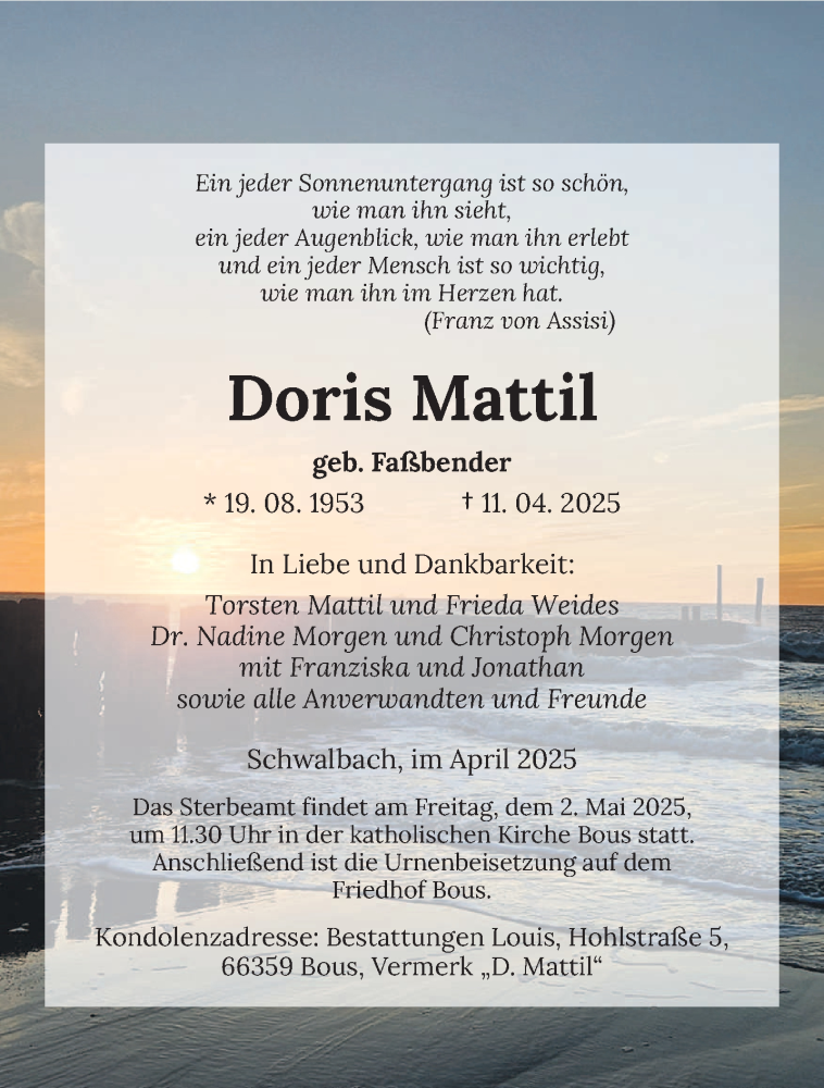  Traueranzeige für Doris Mattil vom 26.04.2025 aus saarbruecker_zeitung