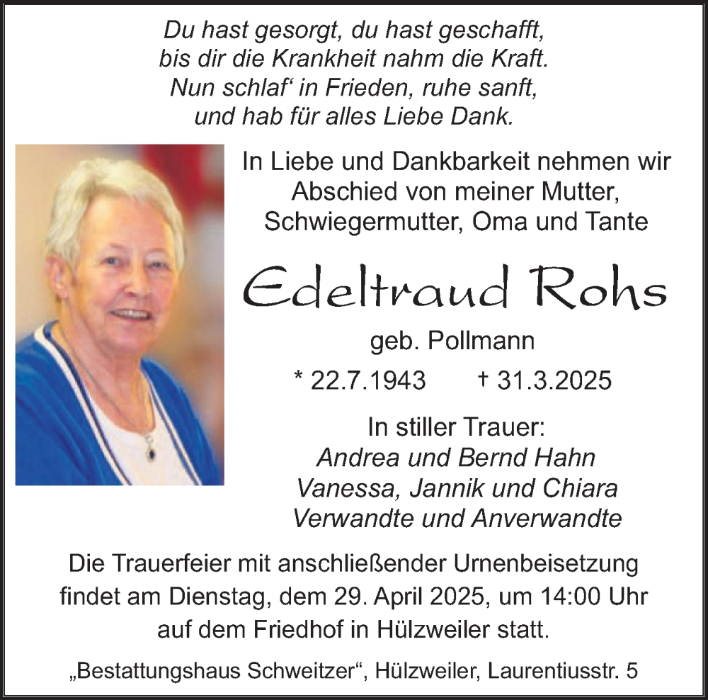  Traueranzeige für Edeltraud Rohs vom 19.04.2025 aus saarbruecker_zeitung
