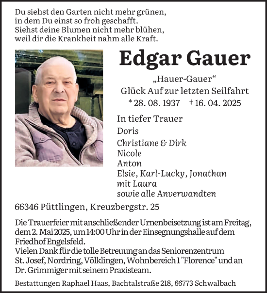 Traueranzeige von Edgar Gauer von saarbruecker_zeitung