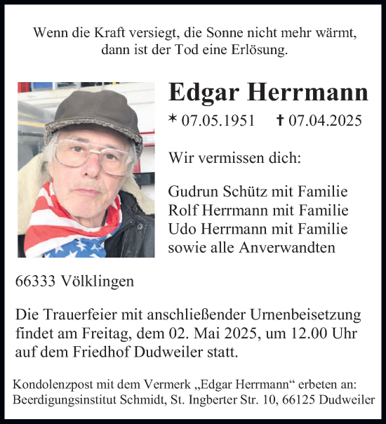 Traueranzeige von Edgar Herrmann von saarbruecker_zeitung