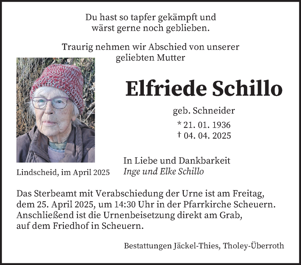  Traueranzeige für Elfriede Schillo vom 19.04.2025 aus saarbruecker_zeitung