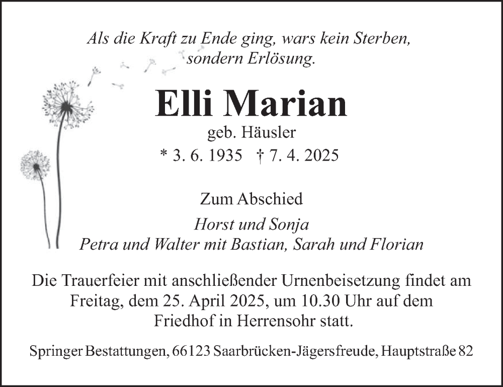  Traueranzeige für Elli Marian vom 19.04.2025 aus saarbruecker_zeitung