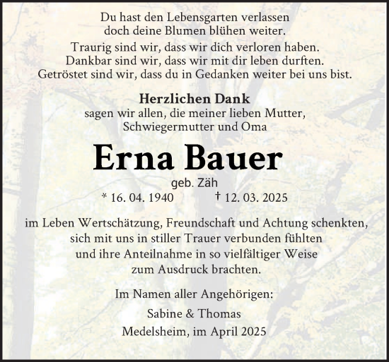 Traueranzeige von Erna Bauer von saarbruecker_zeitung