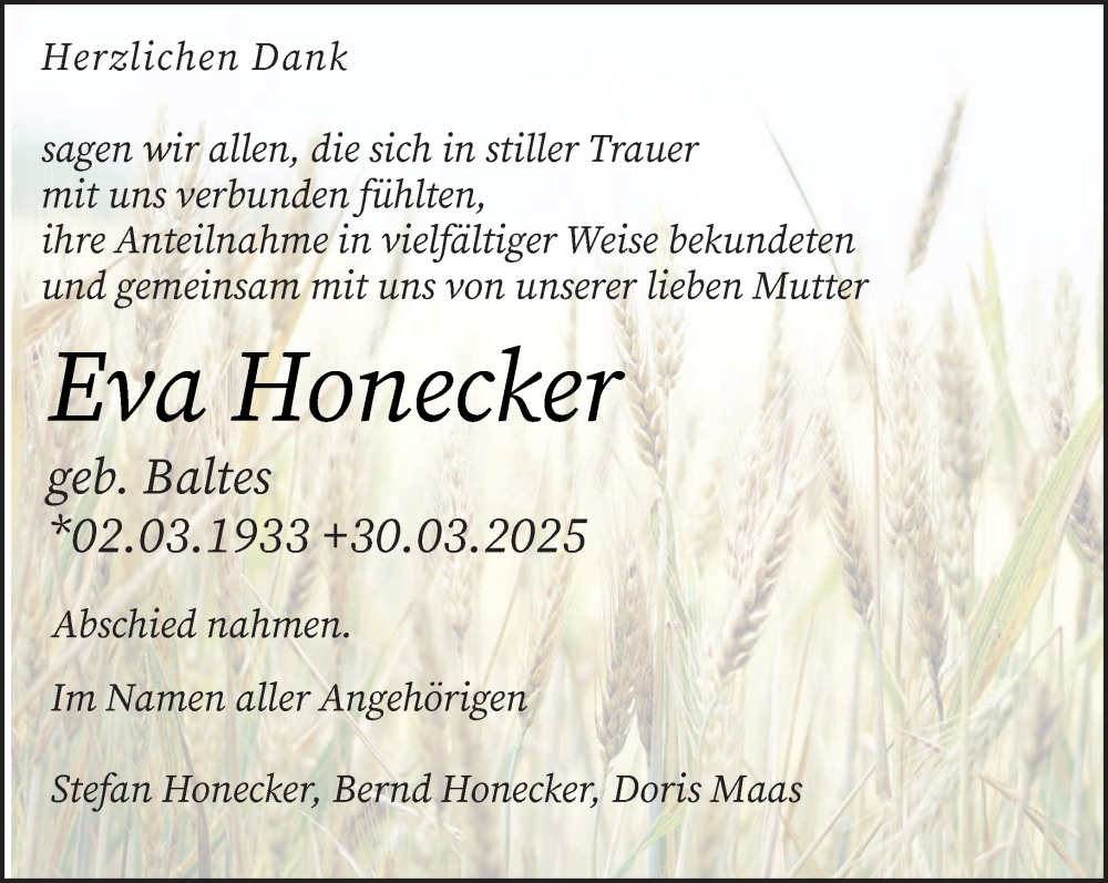  Traueranzeige für Eva Honecker vom 26.04.2025 aus saarbruecker_zeitung