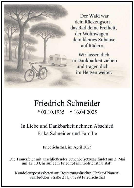 Traueranzeige von Friedrich Schneider von saarbruecker_zeitung