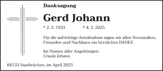 Traueranzeige von Gerd Johann von saarbruecker_zeitung