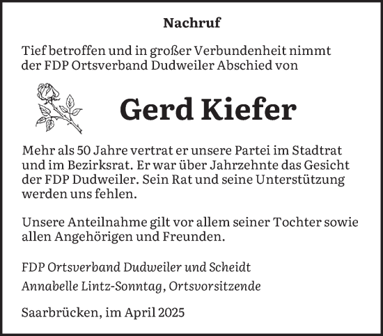 Traueranzeige von Gerd Kiefer von saarbruecker_zeitung
