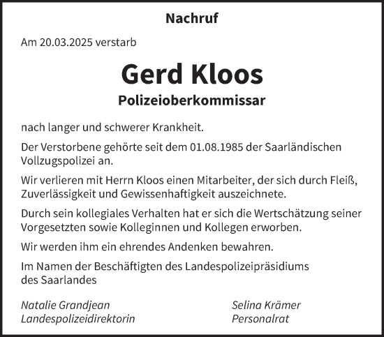 Traueranzeige von Gerd Kloos von saarbruecker_zeitung