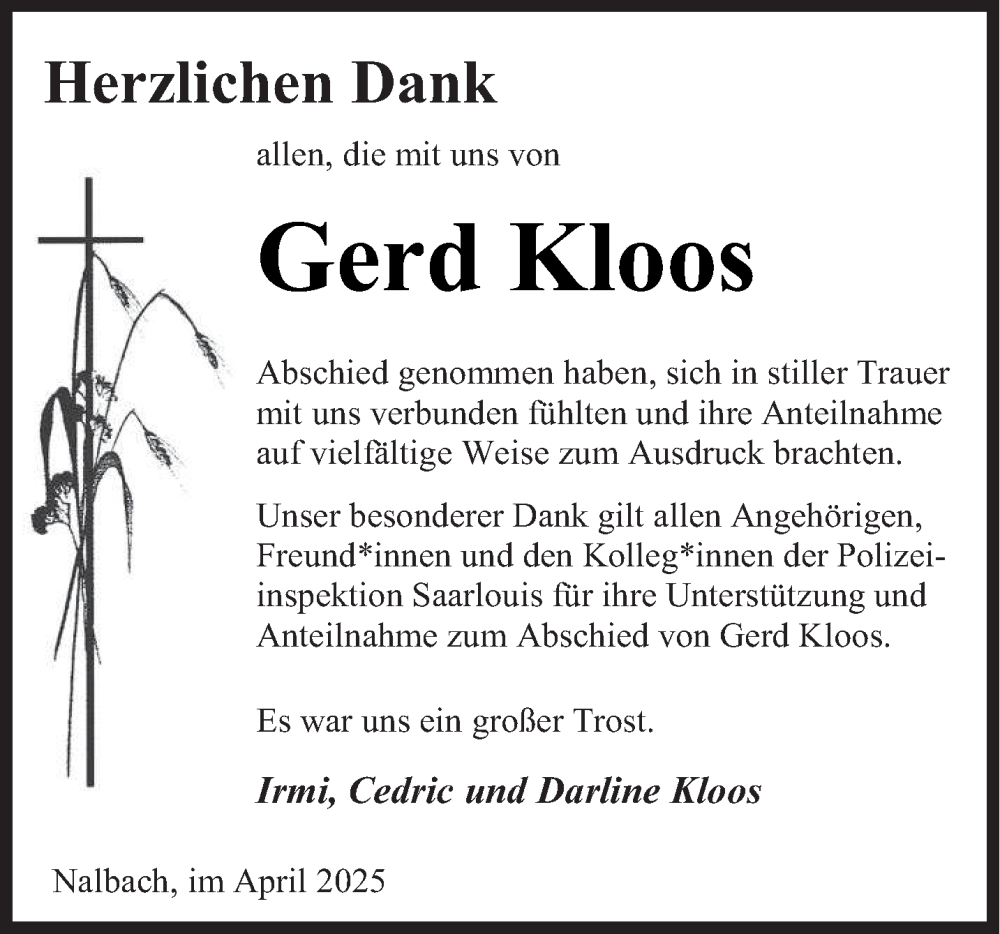  Traueranzeige für Gerd Kloos vom 12.04.2025 aus saarbruecker_zeitung