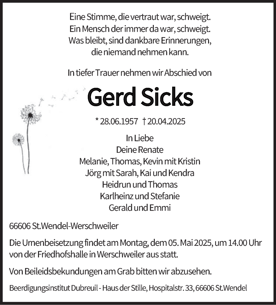  Traueranzeige für Gerd Sicks vom 26.04.2025 aus saarbruecker_zeitung