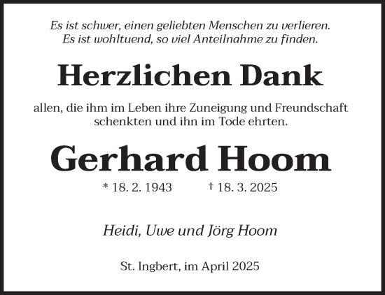 Traueranzeige von Gerhard Hoom von saarbruecker_zeitung